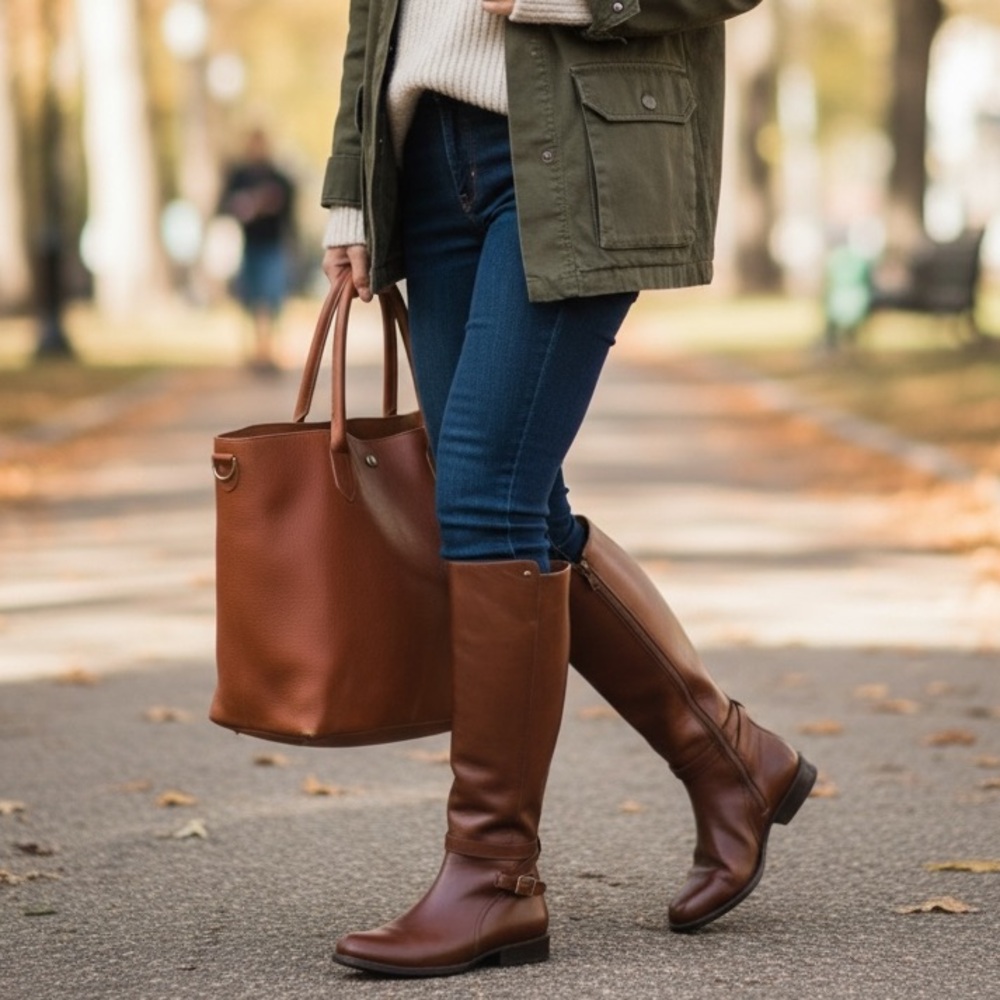 Frye Jordan Strap Cognac Leather Tall Riding Boots - Picture 1 of 15